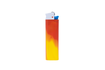 Yellow-red color gas cigarette lighter centered and isolated on white background.