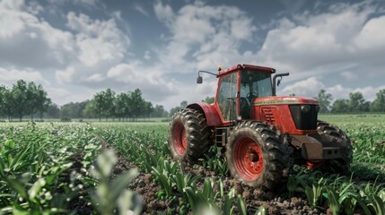 Fototapeta premium Red Tractor in a Lush Green Field