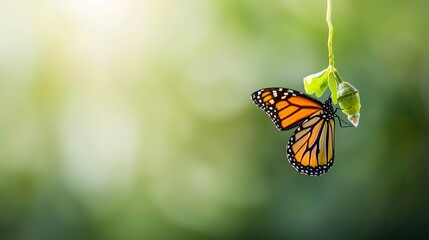 Fototapeta premium Metamorphosis in Action: A Butterfly Emerging from its Chrysalis, Symbolizing Transformation and New Beginnings