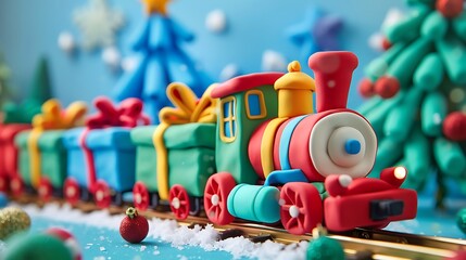 A toy Christmas train made of plasticine with gifts and Christmas trees