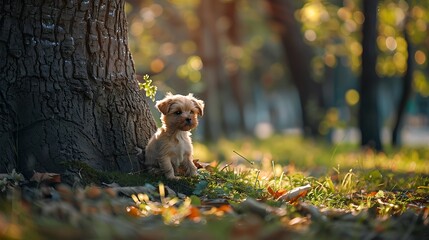 A toy dog placed next to the tree in the park