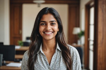 Cheerful beautiful indian girl student professional standing at home in office looking at camera, happy confident entrepreneur hindu lady laughing face posing alone, head shot close up view portrait