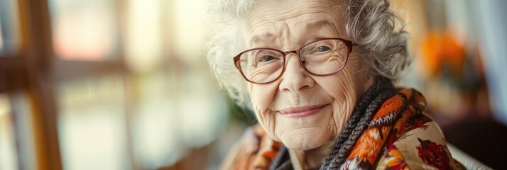 Elderly lady happily posing for the camera while seated in a retirement facility