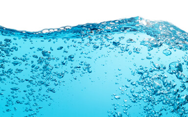 Air Bubbles Float Up in Water. Water Wave, Water Splashing. Oxygen Relaxation. Blue Water Textured on White Background.	
