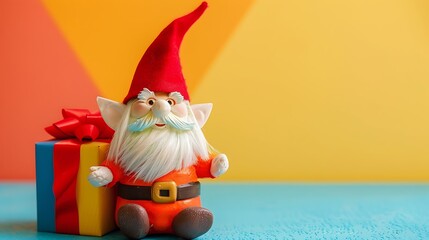A toy gnome with a gift isolated on colorful background