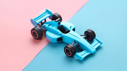 A toy race car set on a light pink and blue background