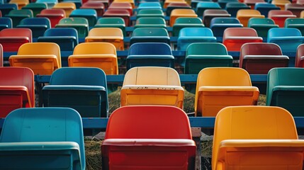 Naklejka premium Stadium bleachers with multicolored, empty plastic seats. copy space for text