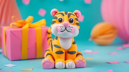 Naklejka premium A toy tiger figurine made of plasticine with a gift box isolated on colorful background