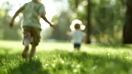 Fototapeta premium Blissful Childhood Moments: Kids Running and Laughing in Green Park on Sunny Day