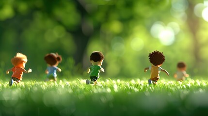 Obraz premium Happy Children Playing in Sunlit Green Park - Capturing Pure Childhood Joy and Laughter