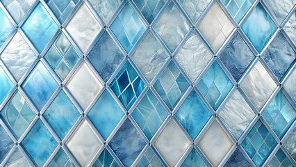 Elegant translucent glass wallpaper features a modern rhombus pattern in shades of blue and white, adding a touch of sophistication to any interior space.