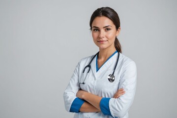 Portrait of a good looking young nurse with her arms crossed in a white background