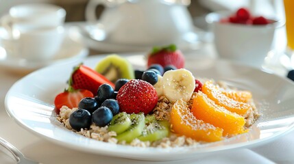 A plate of oatmeal with fresh fruit and powdered sugar.