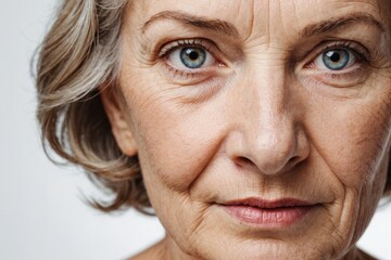 50s middle aged old woman looking at camera isolated on white background advertising anti age skincare beauty.Close up half face view
