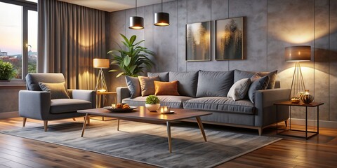 Cosy modern living room with grey velvet sofa, sleek coffee table, and warm glowing lamps, casting a soft ambiance on a relaxing evening atmosphere.