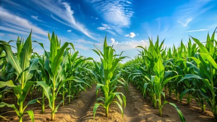 Obraz premium Vibrant green corn plants with natural leaves stretch towards the clear blue sky in a serene agricultural field in South Punjab, Pakistan.