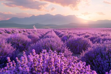 Fototapeta premium Lavender Field at Sunset in the Mountains