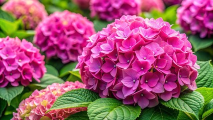 Vibrant pink Hydrangea macrophylla blossoms, also known as Hortensia flowers, bloom in abundance, showcasing delicate petals and lush green foliage in a serene natural setting.