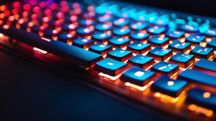 A backlit keyboard with blue and red lighting.