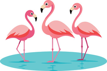 Obraz premium Three pink flamingos are elegantly standing together on a tranquil blue water surface.