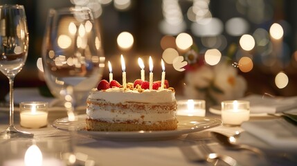 Refined Birthday Celebration: Elegant Gourmet Cake, Candlelit Dinner, and Fancy Table Settings for a Sophisticated and Intimate Evening