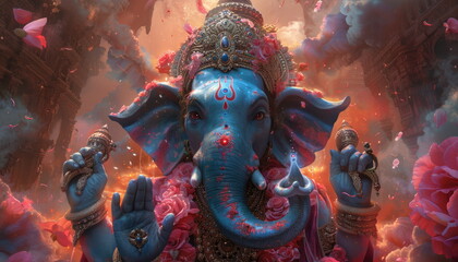 Fototapeta premium Blue Ganesha with Rose Petals and Smoke