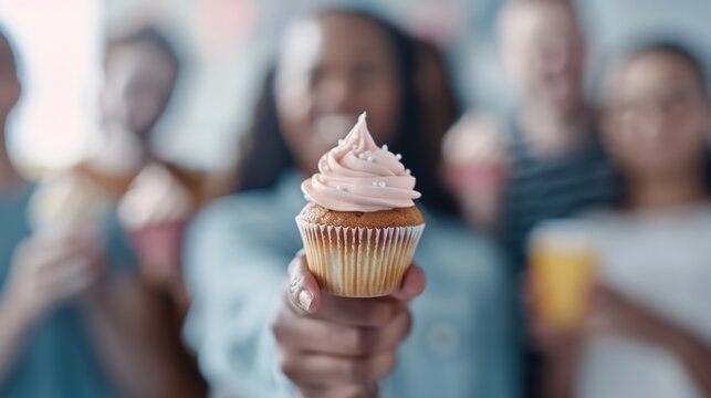 Celebrating Together: Virtual Birthday Party with Friends Holding Cupcakes and Drinks on Video Call, Adapting to Modern Celebrations