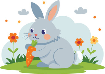 Obraz premium A cheerful gray rabbit happily munches on a carrot amidst vibrant flowers in a sunny garden setting.