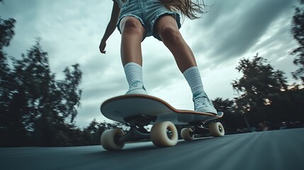 Low angle view of a skateboarder's legs and board.