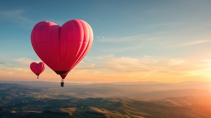 Obraz premium Love is in the Air: Heart-Shaped Hot Air Balloons Soaring over Romantic Landscape on Valentine's Day Adventure
