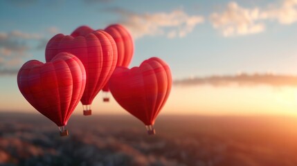 Fototapeta premium Romantic Valentine's Day Adventure: Heart-Shaped Hot Air Balloons Soaring Above Picturesque Landscape