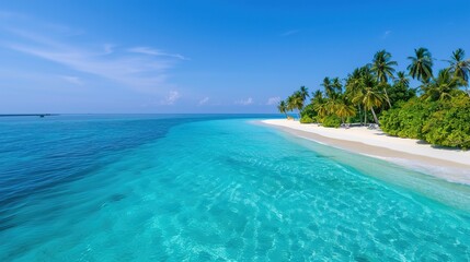 Fototapeta premium Tranquil Paradise: Aerial View of Tropical Island with Lush Palm Trees and Crystal Clear Blue Waters, Ideal Summer Escape Destination