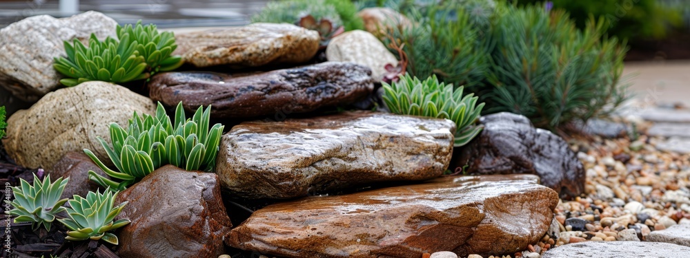 Poster  A scene with various rocks dotted amidst a gravel and stone expanse, bearing plant life sprouting from their surfaces