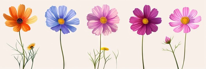 Collection of 2D and 3D Vector Flat Abstract Minimalistic Art of Flowers and Meadow Isolated on a White Background