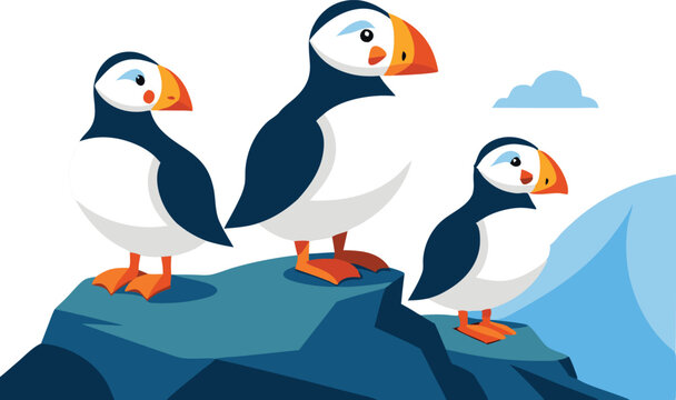 Three puffins perch on a rocky ledge beside the ocean, enjoying a clear day with a distant mountain backdrop.