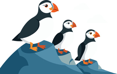 Three puffins with vibrant beaks stand on rocky cliffs overlooking the ocean on a bright sunny day.