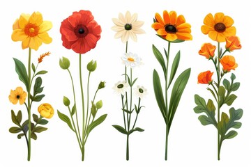 Fototapeta premium Collection of 2D and 3D Vector Flat Abstract Minimalistic Art of Flowers and Meadow Isolated on a White Background