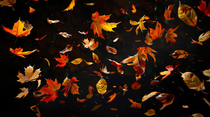 Autumn backdrop. Autumn golden leaves fall on a black background in the rays of sunlight. Lots of orange leaves falling from the sky. The leaves are scattered all over the background