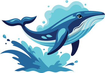 Fototapeta premium A vibrant whale leaps out of the ocean, creating splashes of water around it under a bright sky.