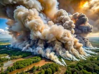 Thick plumes of smoke billow from multiple wildfires raging across southeastern Texas and Louisiana, casting a hazy veil over the devastated landscape.