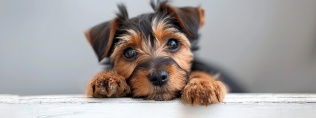  A small brown-and-black dog lies on a white table, paws resting on the edge Nearby, a gray wall stands