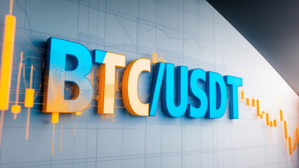 ibrant, high dynamic range HDR photography of a detailed Japanese Candlestick Chart with a prominent display of bold, sans-serif text "BTC/USDT" in a bright, electric blue color, overlaid on a clean
