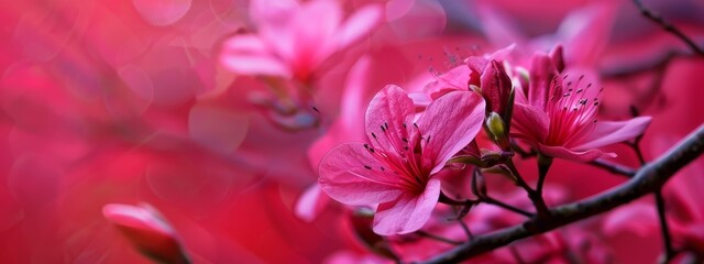  Blurry image of pink flowers blooming on a tree branch