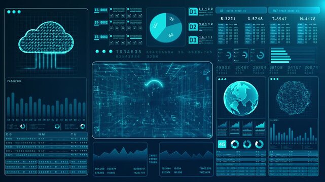Digital dashboard featuring data with charts, graphs, and cloud integration, Showcasing advanced analytics and global connectivity, Technology cloud computing background