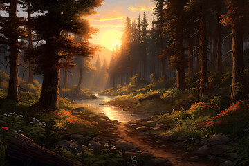 Mysterious forest at sunset. Oil painting.