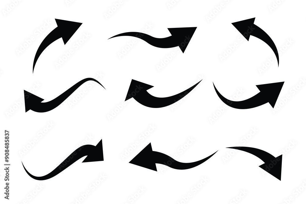 Poster black arrows of various shapes set. curve arrow collections. realistic arrow twisted in various dire
