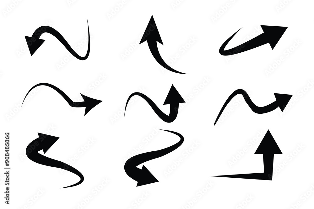 Poster black arrows of various shapes set. curve arrow collections. realistic arrow twisted in various dire