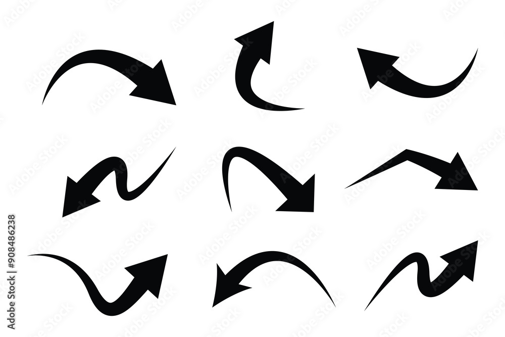 Poster set of black curve arrow icon vector. curve arrow icon set. curved arrow icons featuring varied shap
