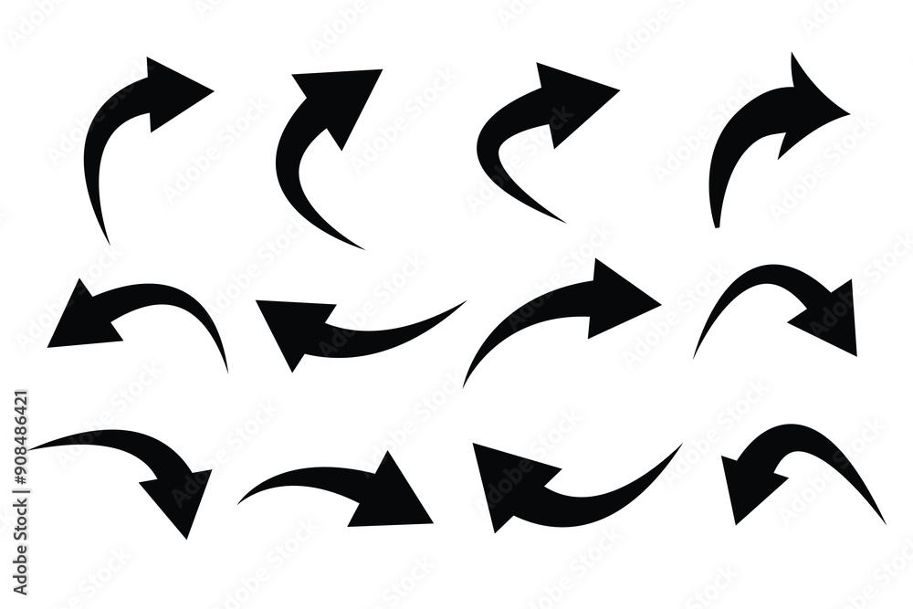 Poster black arrows set. curved arrows. arrow sign. black arrows set. flat style icons on white background 