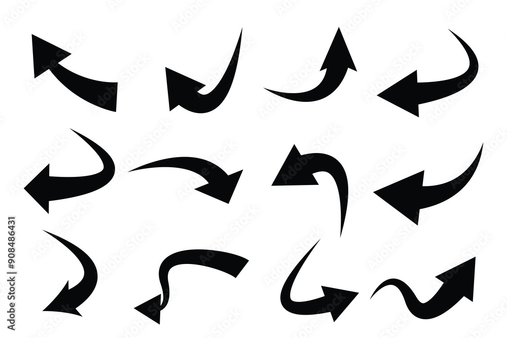 Poster black arrows set. curved arrows. arrow sign. black arrows set. flat style icons on white background 